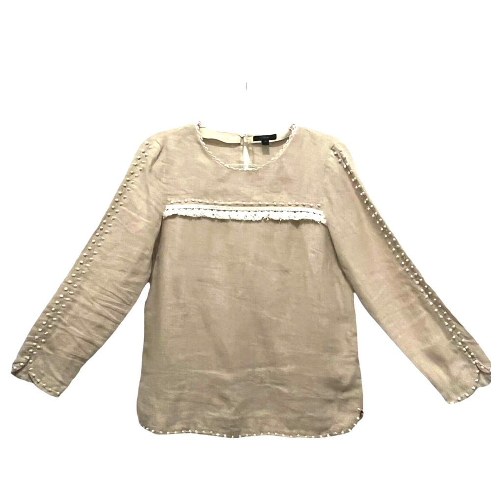 J. Crew Top Women's Beige Linen Long Sleeve Tassel Fringe Coastal Grandma Sz 4